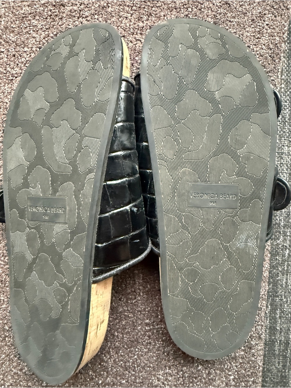 Veronica Beard Black Croc-Embossed Slide Sandals with Gold Buckles - Picture 3 of 3